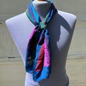 ECHO Silk Scarf Blue Multi Color Stripe Vintage Head Neck Hair Tie 10x47